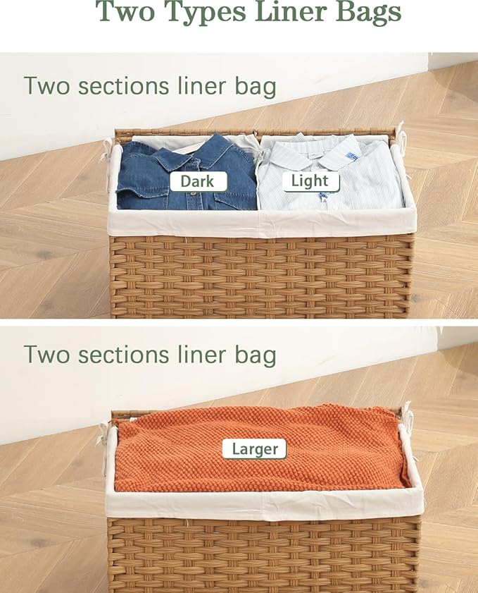 SETVSON Storage Basket with Lid Wicker Baskets for Storage with 2 Separate Lid 42.3 Gallon (160 L) 29.9 x 17.3 x 18.1 Inches Rattan Woven Large Wicker Basket with 2 Liners for Bedroom Laundry Natural