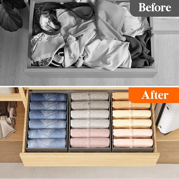 Lifewit 9 Pack Clothes Organizer, 6 Grids Closet Jean Storage Bins with Handles and Support Boards, Foldable Drawer Organizer for Sweater, Pants, T-shirt, Dress, Grey, Size 16.5''x10.6''x7.1''