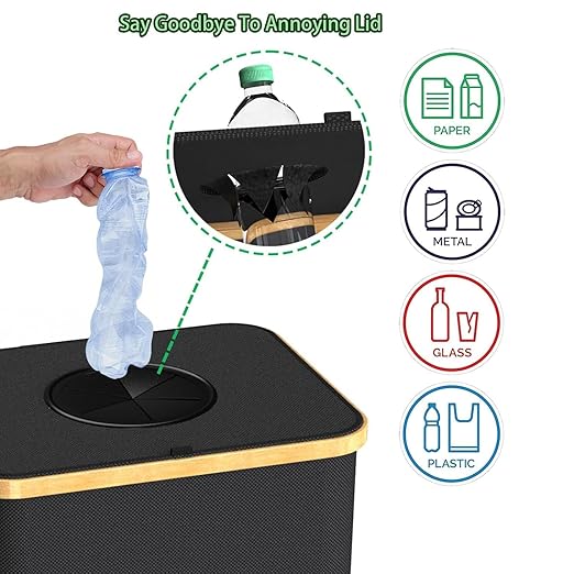 Recycling Bin for Kitchen Indoor Home,Beige Color Large 100L/ 26 Gallon Recycle Bin with Lid Removeable Reusable Inner Bag Bottle Can Glass Waste Plastice Stickers