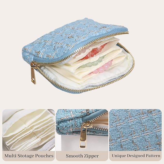 Stratalife Travel Jewelry Case - Portable Jewelry Pouches for Gemstones Healing Crystal, Bracelets Bangles Storage, Necklace Ring Holder Organizer with Zipper for Women, Light Blue