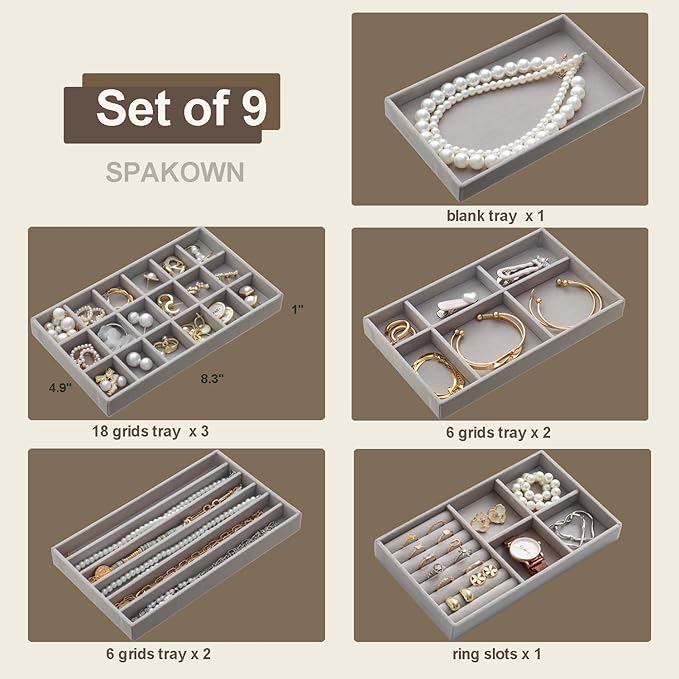 Stackable Jewelry Organizer Trays Set of 9, Small Velvet Jewelry Organizers Earring Necklace Ring Bracelet Display Case Storage for Drawer Dresser (Grey)