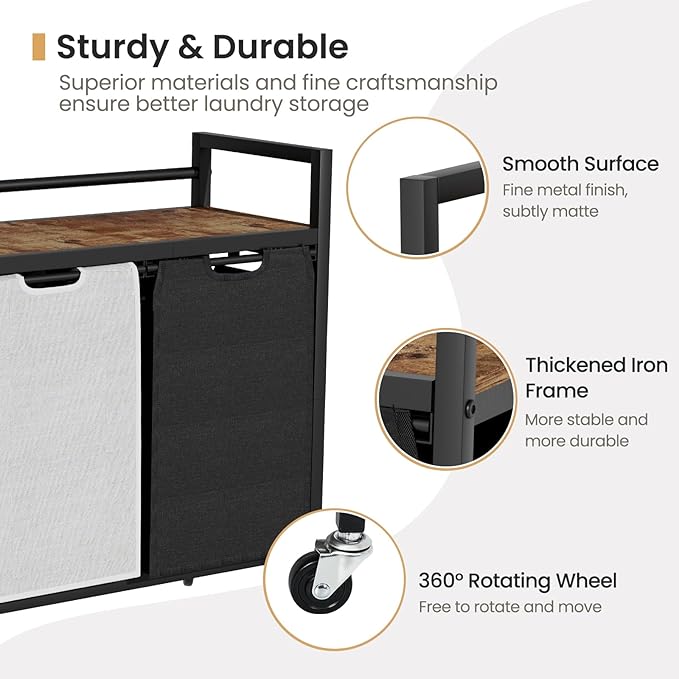 SwaaVee Laundry Hamper, Laundry Basket, Laundry Sorter with 2 Removable Bags, Clothes Basket with 2 Compartments, Wheels, Shelf for Laundry Room Bathroom Bedroom (2 Bags-Black Grey)