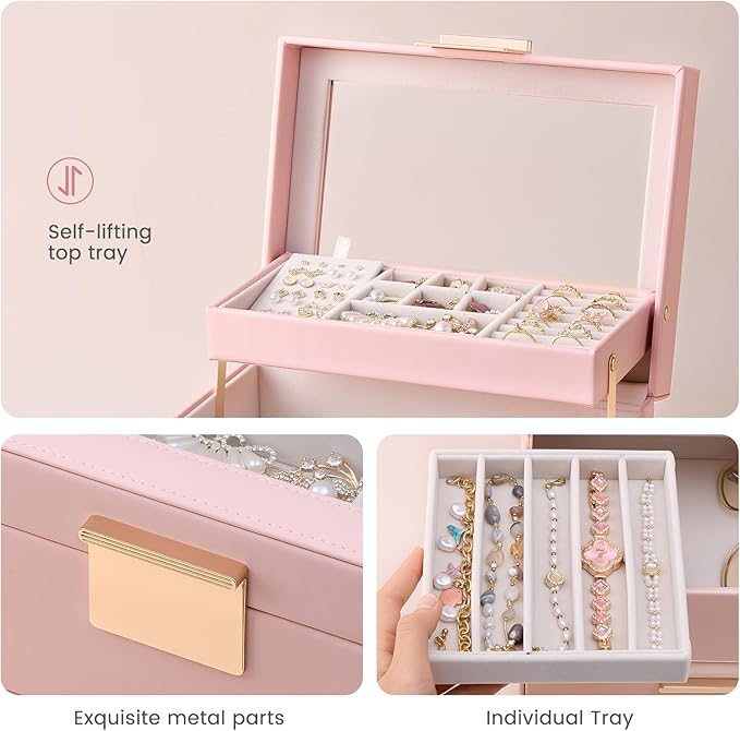 Lolalet Jewelry Box, Clear Window Jewelry Organizer with Drawer for Earrings Bracelets Necklaces Rings, Jewelry Storage for Women -Pink, 3 Layers