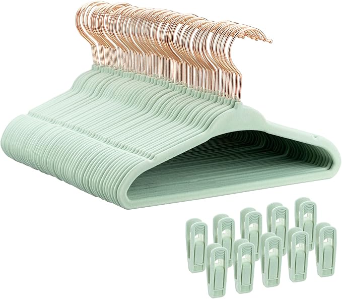 Tonswachic Baby Hangers 11 Inch, 50 Pack Velvet Baby Clothes Hangers Non-Slip Ultra-Slim Children Hangers with 10 Clips for Infant Toddler Newborn, Space-Saving Closet Organization - Green