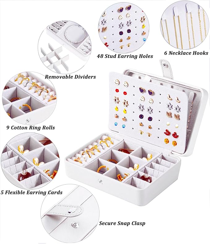 QBestry All-in-One Travel Jewelry Organizer for Women White | Small Jewelry Box with 68 Earring Holes | Compact Portable Jewelry Case for Earrings, Rings, Necklaces | Perfect Gifts for Mom Wife Girls