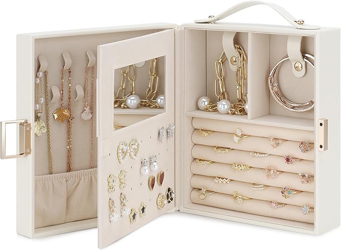 DesignSter Travel Jewelry Case for Woman, Portable Jewelry Travel Box with Mirror, PU Leather Small Jewelry Organizer with Handle for Rings Earrings Bracelets Necklaces(Beige & Pink)
