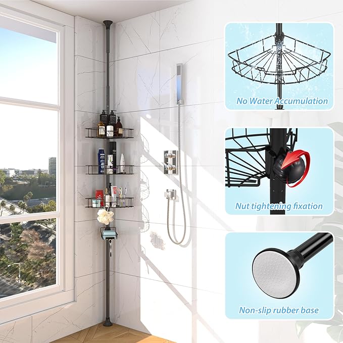 BsBsBest Shower Organizer Caddy - Stainless Steel Shower Shelves Rack, Adjustable Organization And Storage Head Holder, Rustproof Tension Pole, Black
