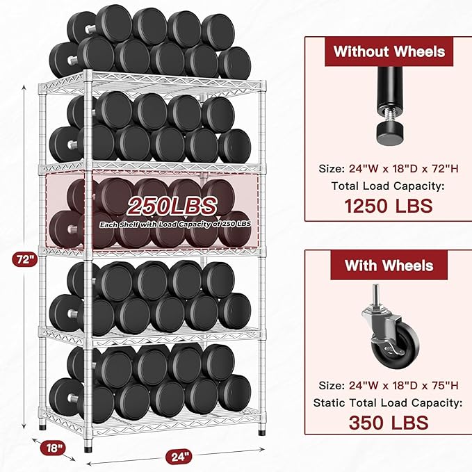 PrimeZone 2 Pack Steel Storage Wire Shelving 5 Tier Metal Shelves with Wheels,Adjustable Kitchen Utility Shelving Unit,Pantry Rack Rolling Metal Shelf Laundry,Chrome 24" Wx18 Dx75 H