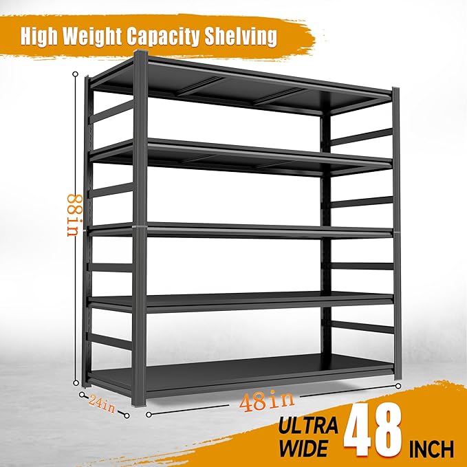 88" H×48" W Garage Shelving,6-Tier Heavy Duty Shelving, 3000 lbs Capacity Garage Storage Shelves, Industrial Shelves for Heavy Tools and Equipment, Ideal for Garage, Basement, Black