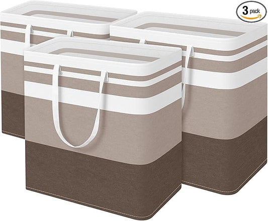 BlissTotes 3-Pack Laundry Basket, Freestanding＆Waterproof Laundry Hamper, Collapsible Tall Clothes Hamper with Easy Carry Handles for Clothes, Towels in the Family and Dorm,Gradient Khaki,100L