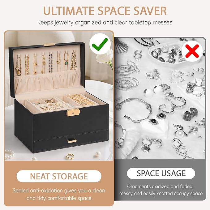 AKOZLIN Travel Jewelry Box Organizer Functional 2-trays Leather Jewelry Storage Case with Lockable Portable Drawer for Women Girls Ring Necklace Earring Bracelet
