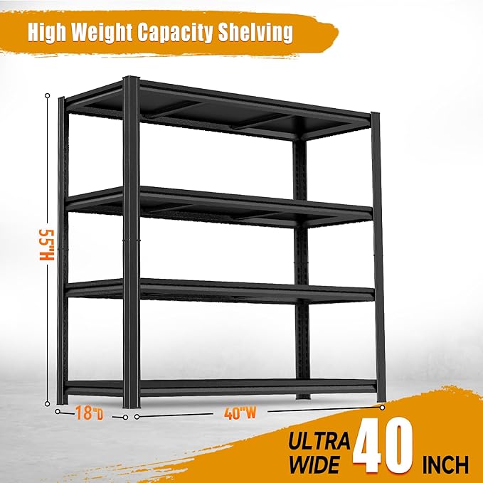 Metal Garage Shelving Unit, Heavy Duty Garage Storage Shelves, Adjustable Shelf for Warehouse, Kitchen, Basement, Double-Layer Columns (55×40×18in-4Tier)