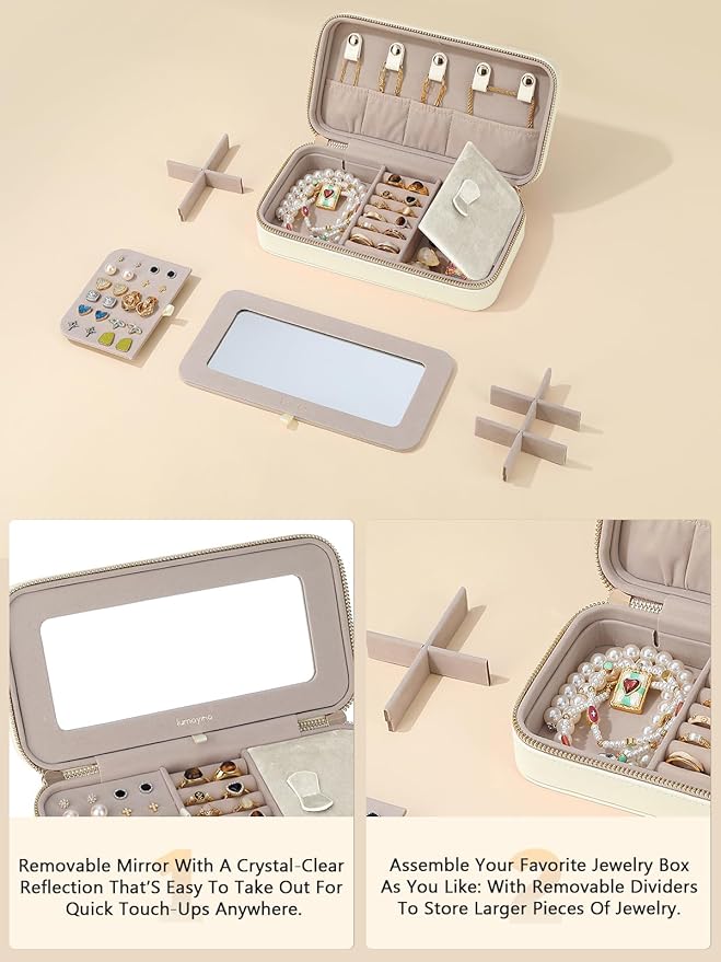 Travel Jewelry Case with Mirror, Quilted Small Jewelry Box Organizer for Women Girls, Portable Earring Necklace Bracelet Ring Holder Storage for Travel Weekend Trips (Beige)