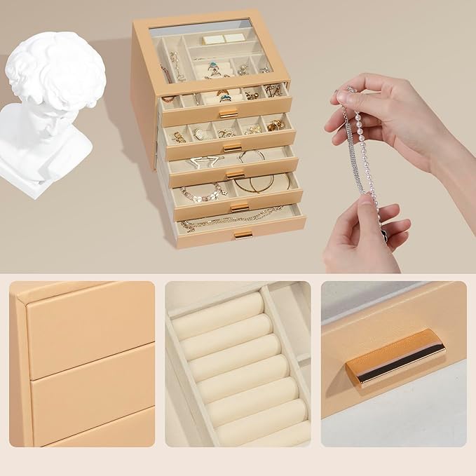 Jewelry Box with Glass Lid, 5-Layer Jewelry Organizer for Women Girls, PU Leather Display Case with 20-Grid Earring Tray & Movable Dividers for Necklaces Rings,Camel