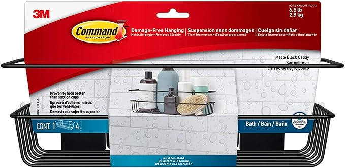 Command Shower Caddy Matte Black with Water Resistant Strips, Bathroom Organizer, Holds up to 6.5 lbs, 1 Count (Pack of 2)