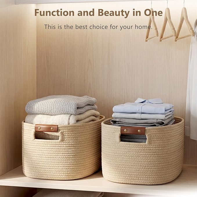 ECDYQXVU Cotton Rope Basket, Storage Baskets with Handle, 15x10x9 Inch Woven Basket for Shelves, Laundry, Towels, Clothes, Books (Jute/Brown 2Pack)