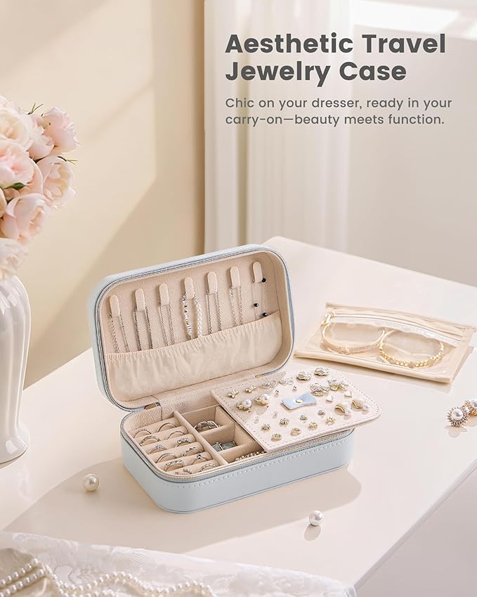 Lolalet Travel Jewelry Case for Women Girls, PU Leather Jewelry Organizer with Clear Storage Bag Small Portable Jewelry Box for Necklace Bracelet Earring Ring Mothers Day Birthday Gifts -Medium/Blue