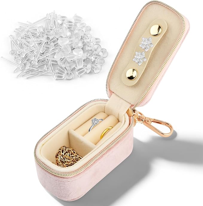 Velvet Mini Travel Jewelry Case, 2 in 1 Ring Holder Keychain + 50 Plastic Earrings, Portable Small Jewelry Organizer for Women, Travel/Gym/Wedding/Bridesmaid Gift