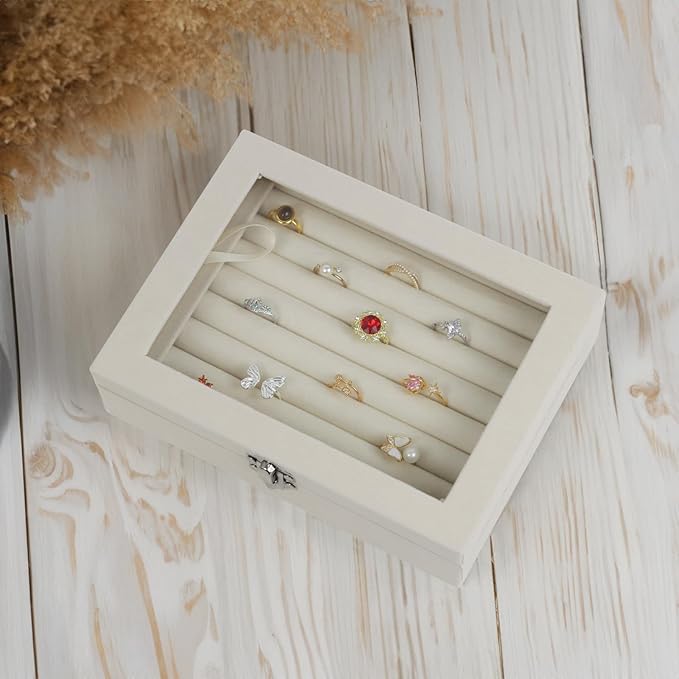 Fordonral Velvet Jewelry Organizer Box, Jewelry Drawer Organizers Trays, Earring Ring Necklace Holder Display Case (Beige, Ring Box)
