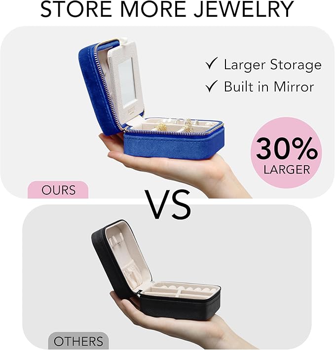 BLUTETE Travel Jewelry Box Organizer Velvet Travel Case With Mirror Ring Earrings Necklaces Storage Organizer Box (Midnight Blue)
