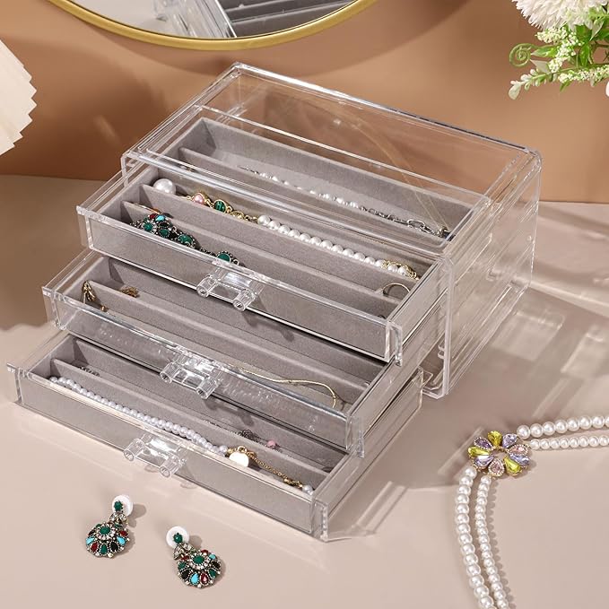 CLUQMEIK Necklace Organizer Box, Tray with Clear Lid, Dustproof Velvet Necklaces Holder Storage Display Case, Necklace Tray Drawer Insert for Pendant Suitable for Women and Girls (Grey)