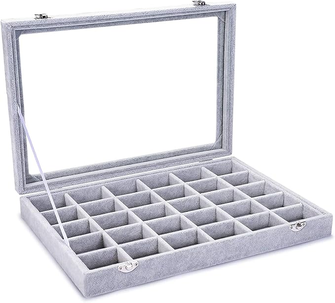 Jewelry Organizer Tray with Clear Lid 30 Grid Velvet Drawer Insert Jewelry Storage box with Glass lid Display Case Store Showcase Holder with Lock Gifts for Women