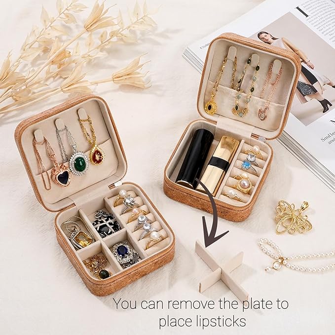 Retro Cork Jewelry Box with Bohemian Patterns for Storing Rings, Necklaces and Earrings During Travel, Soft Velvet Interior, 3.8x3.8x1.8 Inches