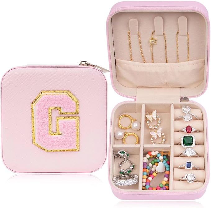 ETHOON Jewelry Travel Case Small Organizer Stocking Box Personalized Gifts Teenage Jewelry Accessories Holiday Wedding Christmas Gift for Women Pink, Letter G