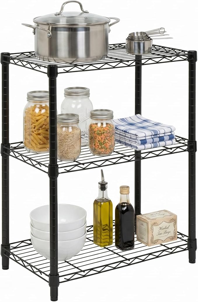 Honey-Can-Do 3-Tier Heavy Duty Adjustable Shelving Unit, 250-lb Per Shelf Metal Storage Rack, NSF Certified Wire Shelf for Kitchen Garage Pantry, Black, 24 x 14 x 30 in
