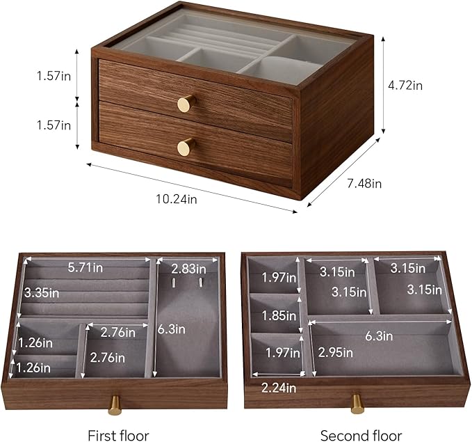 Black Walnut Jewelry Organizers and Storage,2 Layer Wooden Jewelry Boxes for Women,for Necklaces Ring Earring (2 Layer)