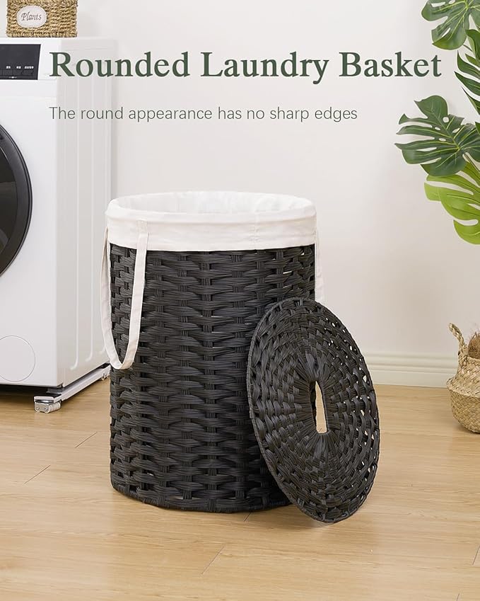 SETVSON Laundry Hamper with Lid Laundry Basket with Lid 19.0 Gal (72 L) Round Wicker Laundry Basket Handwoven Rattan Basket with Lid Removable Bag 2 Mesh Bags Handles for Living Room Bathroom Black