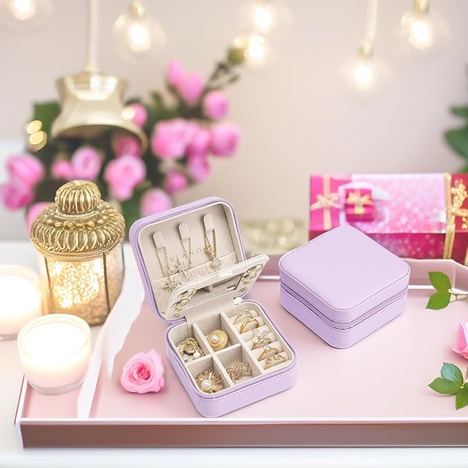 Vlando Small Travel Jewelry Box Organizer - Mirrored Carry-on Jewelries Necklaces Rings Earrings Necklace Storage Case, Purple