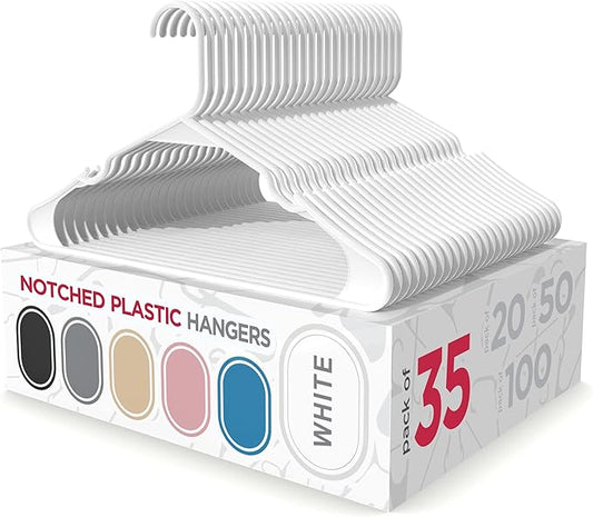 Sharpty Plastic Clothes Hangers – Notched Hangers for Clothes – Space Saving Adult Hangers for Shirts, Dresses, Coats & Pants – Lightweight Closet Organization (35 Pack, White)