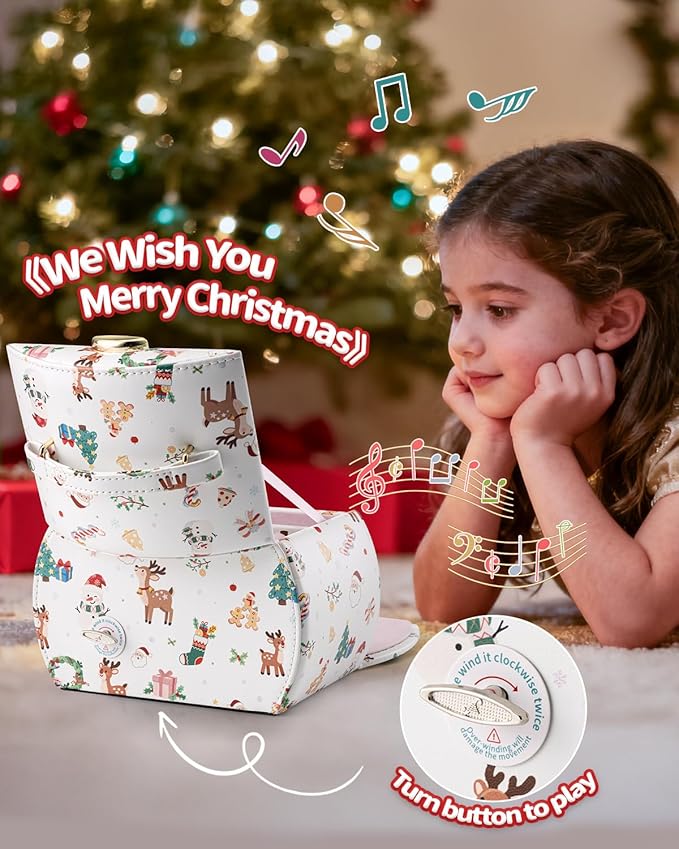 Vlando Kids Musical Jewelry Box for Girls with Drawer, Music Box with Ballerina and Stickers for Birthday Bedroom Decor, Christmas Gifts for Girls Kids - Christmas White