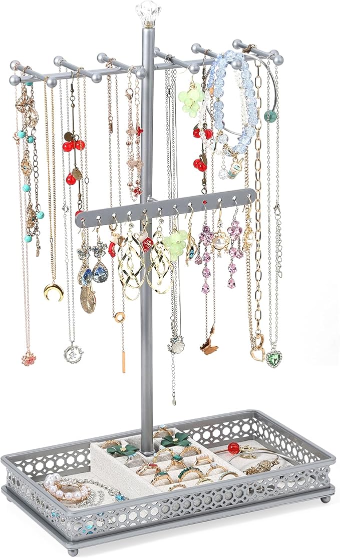 Meangood Jewelry Organizer Stand, 15.6" H Jewelry Tree Display Holder Stand for Bracelets Necklaces Earrings Rings, Gift for Women Girls (Silver)