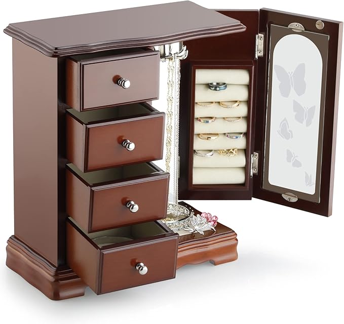 RR ROUND RICH DESIGN Jewelry Box - Made of Solid Wood with 4 Drawers Organizer and Built-in Necklace Carousel and Large Mirror Brown