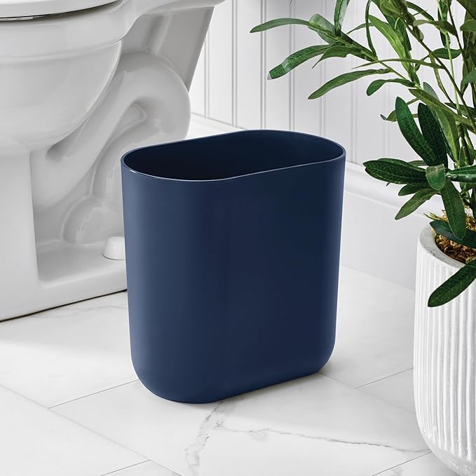iDesign Small Slim Plastic Bathroom Trash Can, Garbage Can for Bedroom, Office, Desk, Dorm, Navy Blue