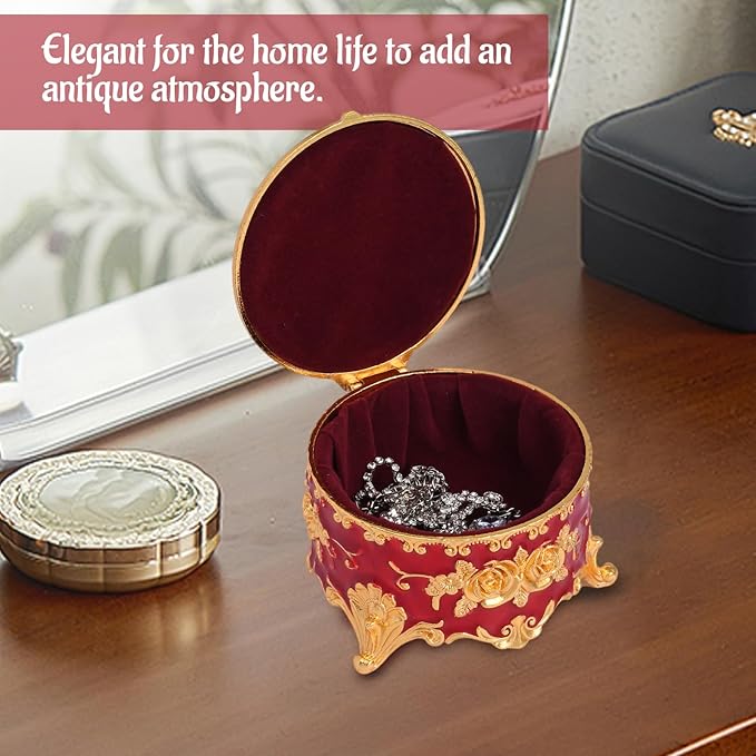 Vintage Jewelry Box, Gold Round Treasure Ring Box, Metal Trinket Organizer Keepsake Box Gift for Girl Women, Red