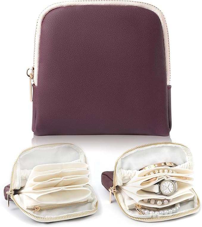 Genuine Leather Travel Jewelry Organizer Case Pouch Bags with Zipper, Small Mini Portable Jewelry Storage Bag for Ring Earrings Necklace Bracelet Travel Essentials Gift for Women（Burgundy）