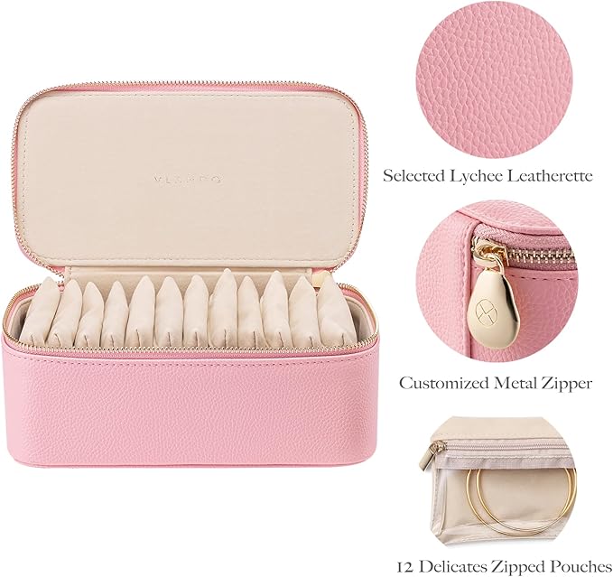 VLANDO Travel Jewelry Box Organizer – Portable PU Leather Jewelry Case with 6/8/12 Zippered Pouches, Compact Storage for Earrings Rings Necklaces Bracelets, Strawberry Pink