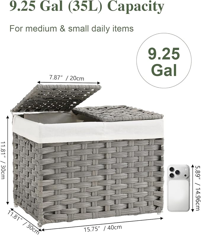 SETVSON Storage Basket with Lid Woven Wicker Baskets with 2 Separate Lid, 9.2 Gallon (35 L) Wicker Storage Bins with Handles, Foldable and 2 Removable Liner Bags for Bedroom, Laundry Room Gray