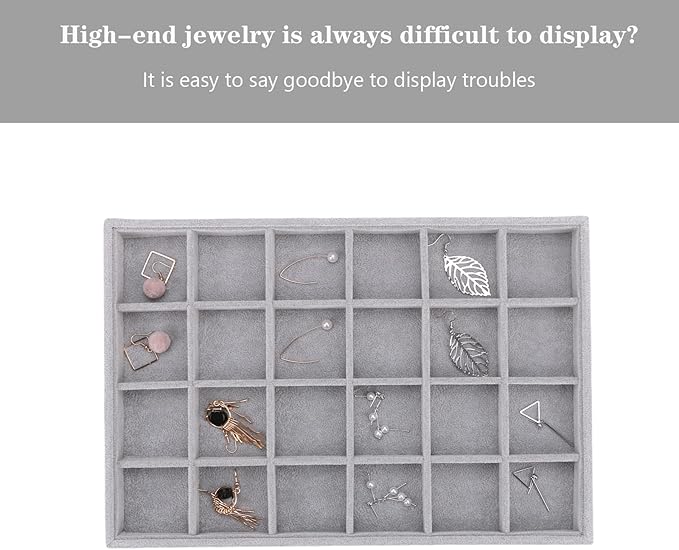 Large Velvet Jewelry Tray, Drawer Organizer for Jewelry in Dresser, Stackable Jewelry Drawer Organizer Inserts for Earring Necklace Bracelet Rings(Grey,24grid)