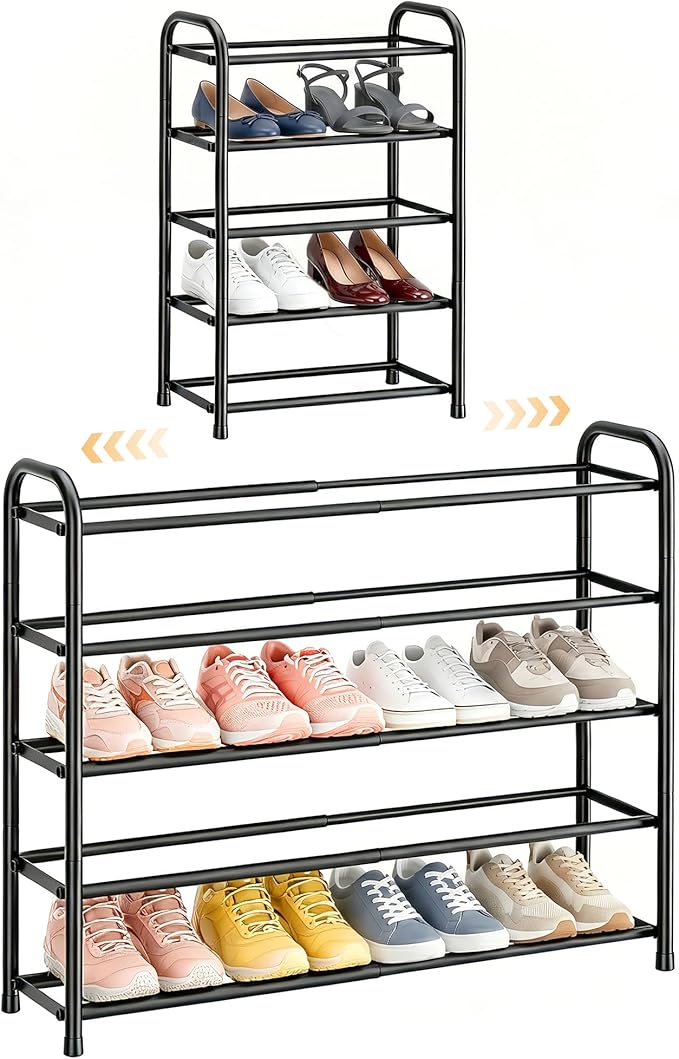 ENJOYBASICS 5 Tier Expandable Shoe Rack for Closet, Free Standing Metal Shoe Shelf Storage Organizer Holder 20 Pairs, Adjustable Width Shoe Rack for Entryway Small Space, Black