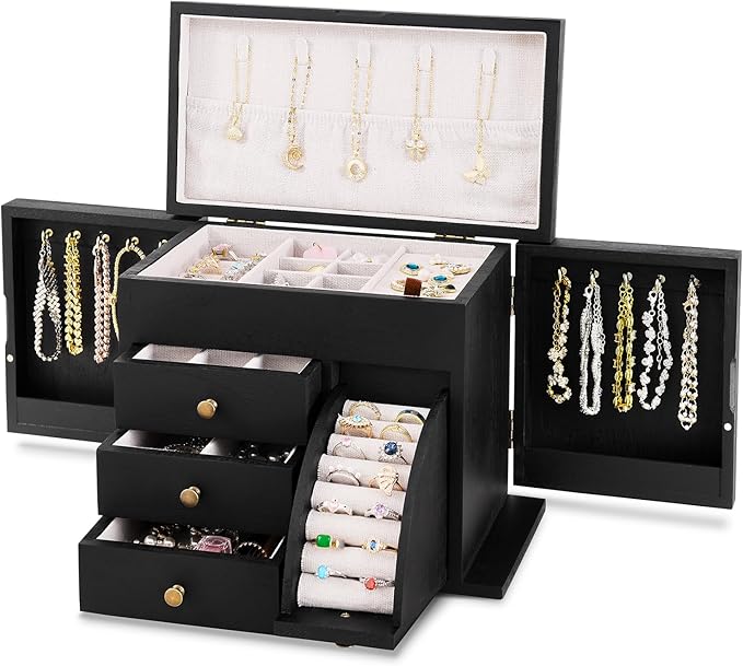 Poyilooo Jewelry Box Organizer, Solid Wood Jewelry Boxes for Women, Double Layer Jewelry Organizer Box Display Earring Necklace Bracelet Ring, Rustic Style Small Jewelry Box for Girls (Black)
