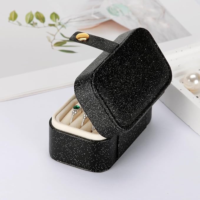 KUKUVR Small Travel Jewelry Box, Mini Jewelry Holder for Multiple Rings Necklace Earrings Lipstick, Portable Jewelry Storage Organizer Case with Removable Ring Slot (BLACK)
