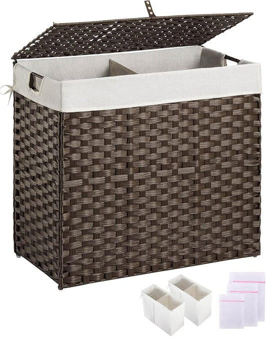 Greenstell Laundry Hamper with lid, No Install Needed, 130L Wicker Laundry Baskets Foldable 2 Removable Liner Bags, 2 Section Clothes Hamper Handwoven Rattan Laundry Basket with Handles, Brown