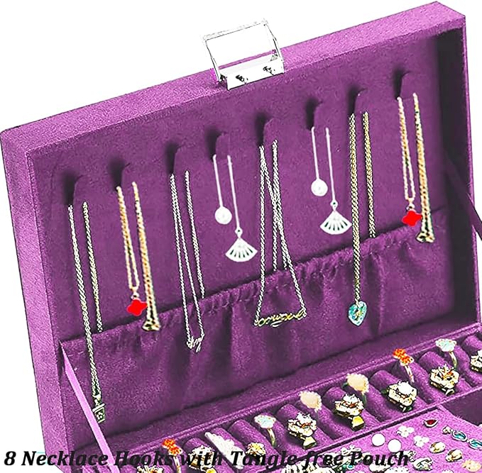 QBestry 3-Layer Jewelry Box for Women with Lock and Key & Drawer, Large Jewelry Organizer with 8 Necklace Hooks & 56 Earring Holes, Purple Velvet Jewelry Storage Box for Necklace Earring Ring Bracelet