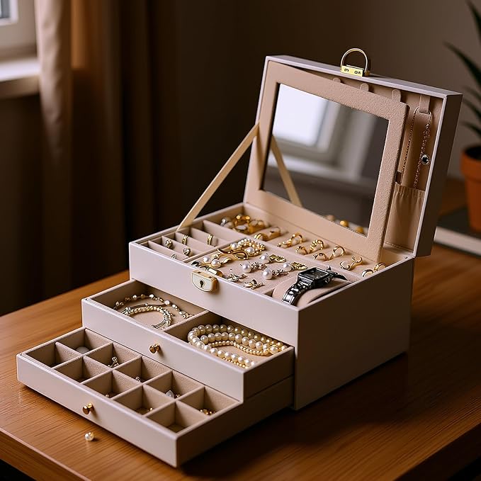 3 Layer Jewelry Boxes for Women with Mirror Large Jewelry Organizer Box with 2 Jewelry Organizer Drawer PU Lockable Elegant Unique Gifts for Women, White