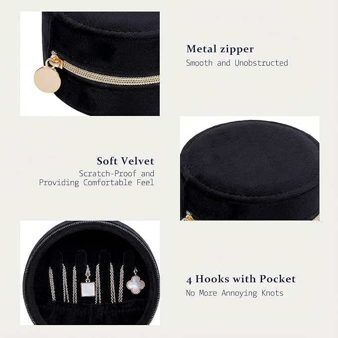CONBOLA Travel Jewelry Case Small Jewelry Box for Women Girls,Round Velvet Mini Jewelry Travel Organizer,Portable Jewelry Box for Rings Earrings Necklaces Bracelets.(Black,Small)