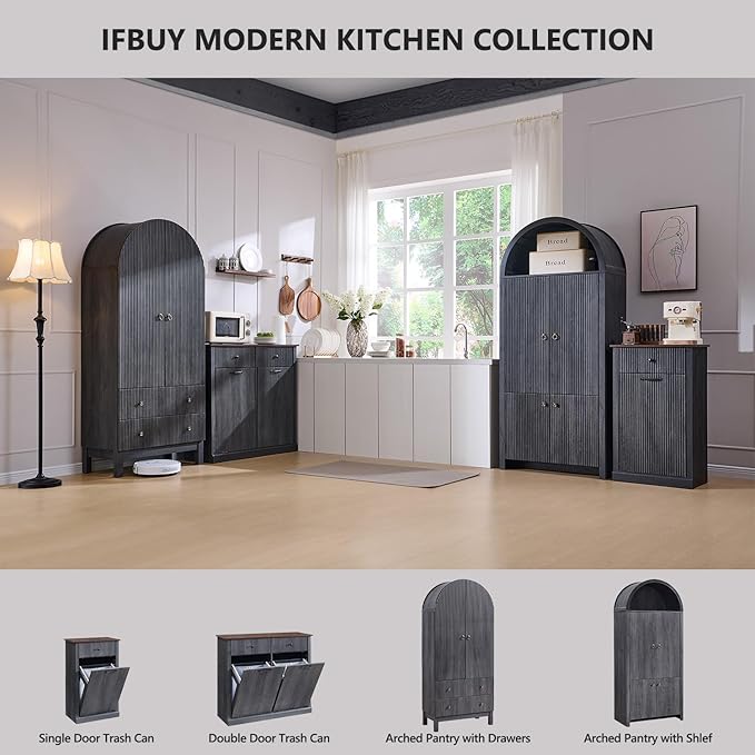 IFBUY Modern Double Tilt-Out Laundry Hamper Cabinet, 20 Gallon Fluted Trash Can Cabinet w/2 Drawers, Wooden Hidden Garbage Can Cabinets w/Laundry Basket, Free Standing for Bathroom and Kitchen, Grey